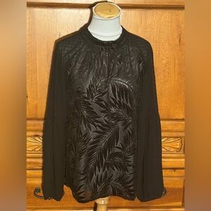 Love Riche Black Leaf Motif Semi-Sheer Blouse